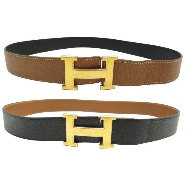 VINTAGE CEINTURE HERMES BOUCLE H T80 CUIR NOIR & GOLD REVERSIBLE BLACK BELT 770€