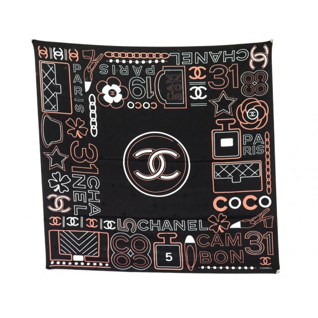 NEUF FOULARD CHANEL LOGO CC CAMELIA CARRE 90 EN SOIE NOIR ROSE SILK SCARF 530€