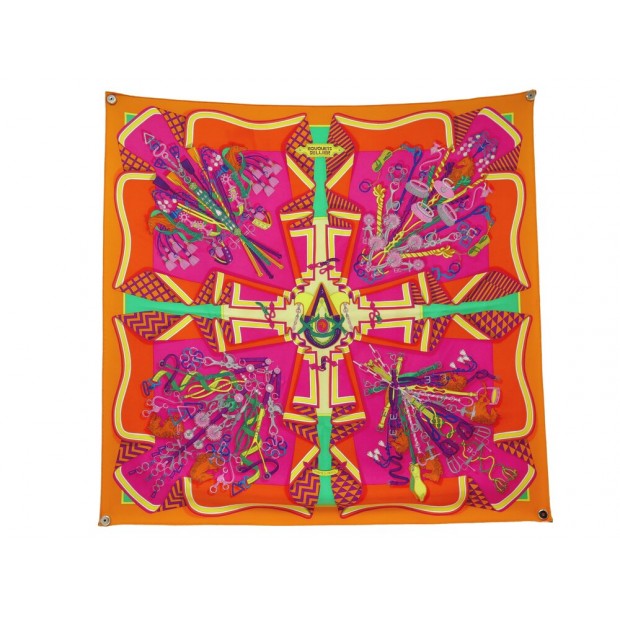 FOULARD HERMES BOUQUETS SELLIERS CARRE 90 CM EN SOIE ORANGE + BOITE SCARF 530€