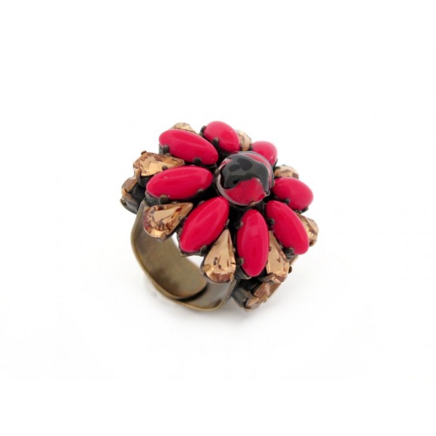 BAGUE ETRO FLEUR PIERRES CABOCHON ROUGE & CRISTAL EN LAITON T55 GOLDEN RING 320€