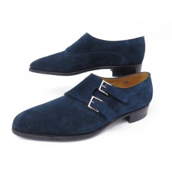 NEUF CHAUSSURES JOHN LOBB CHAPEL DOUBLE BOUCLES 9E 43 EN DAIM BLEU SHOES 1820€