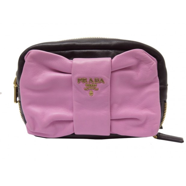 NEUF SAC A MAIN PRADA RIBBON FIOCCO POCHETTE CUIR ROSE ET NOIR CLUTCH BAG 1750€