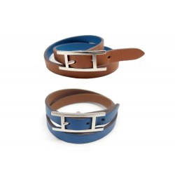 BRACELET HERMES BEHAPI DOUBLE TOUR 15.5-16.5 CUIR BLEU MARRON BOITE BANGLE 390€