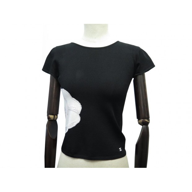 HAUT CHANEL TOP CAMELIA P23128V01544 M 40 NOIR ET BLANC CAMELLIA TEE SHIRT 2700€