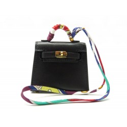 NEUF BIJOU DE SAC HERMES MINI KELLY TWILLY SELLIER CUIR TADELAKT NOIR CHARM BAG