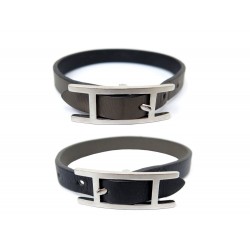 BRACELET HERMES BEHAPI 12.5 - 14 CM CUIR SWIFT NOIR ET ETOUPE BOITE BANGLE 380€