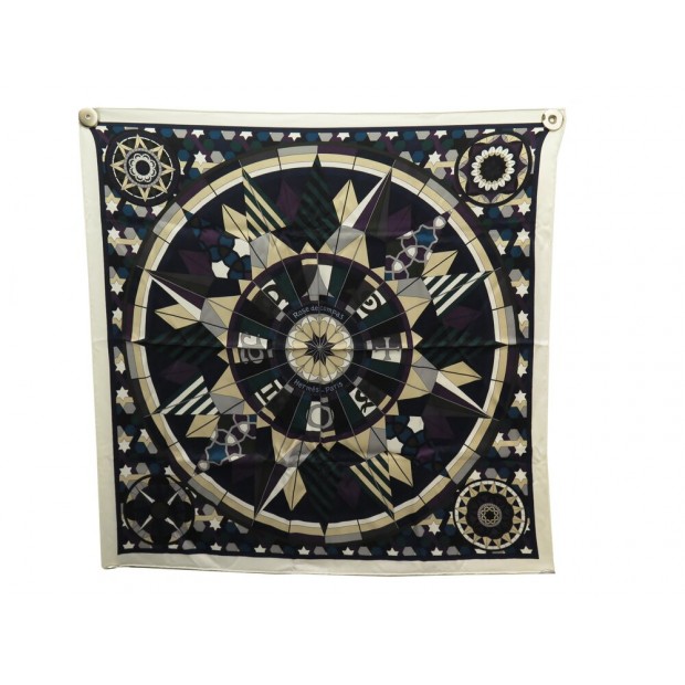 NEUF FOULARD HERMES ROSE DE COMPAS CARRE 70 EN SOIE NOIRE BOITE SILK SCARF 395€