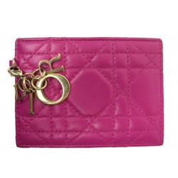 NEUF PORTE CARTES CHRISTIAN DIOR LADY EN CUIR CANNAGE FUCHSIA CARDS HOLDER 340€