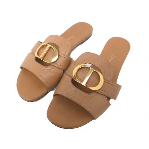 CHAUSSURES CHRISTIAN DIOR MULES 30 MONTAIGNE 37.5 EN CUIR GOLD FLAT SHOES 690€