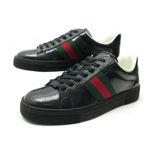 NEUF CHAUSSURES GUCCI ACE CRYSTAL 760774 BASKETS 38 TOILE GG NOIR SNEAKERS 630€