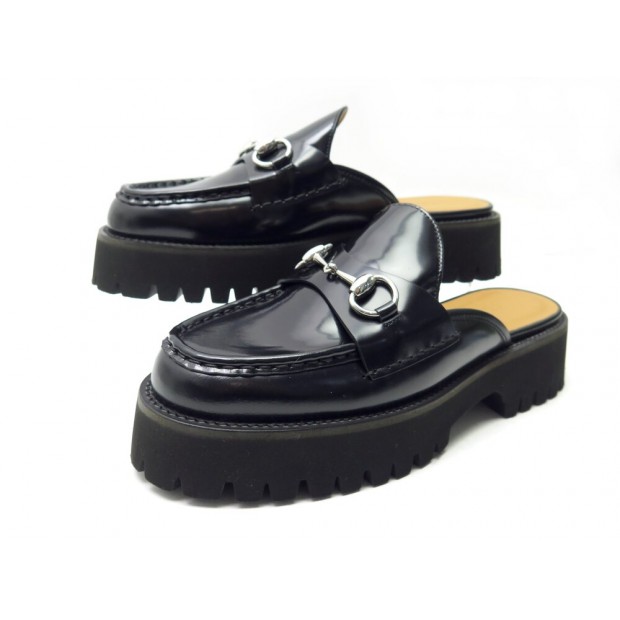 NEUF CHAUSSURES GUCCI MOCASSINS GG MORS 764207 38 CUIR NOIR HORSEBIT LOAFER 820€