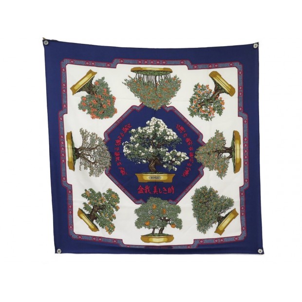 VINTAGE NEUF FOULARD HERMES BONSAI CARRE 90 EN SOIE BLEUE BLUE SILK SCARF 530€