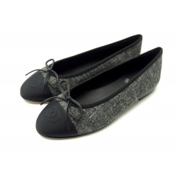 NEUF CHAUSSURES CHANEL BALLERINES LOGO CC G02819 38 FEUTRE GRIS SHOES 960€