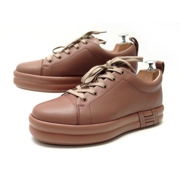 NEUF CHAUSSURES HERMES BASKETS HAPPY H2322109Z 40 CUIR MARRON + BOITE SHOES 780€