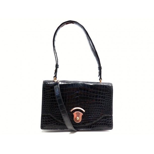 VINTAGE SAC A MAIN HERMES CIRCA 1950 EN CUIR DE CROCODILE NOIR BANDOULIERE PURSE