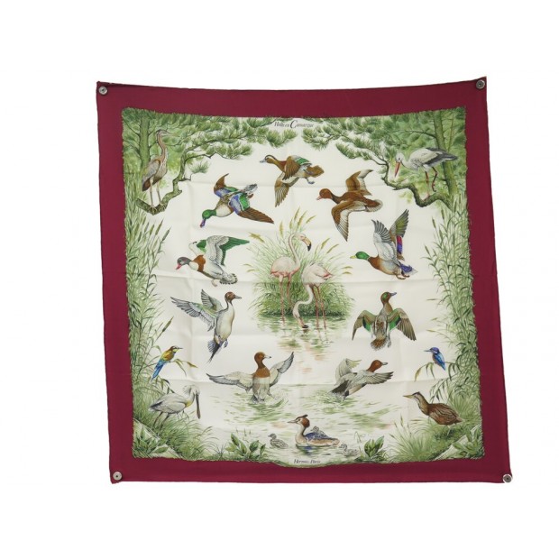 NEUF FOULARD HERMES HALTE EN CAMARGUE DALLET CARRE 90 SOIE ROUGE SILK SCARF 530€