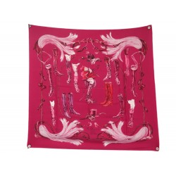 FOULARD HERMES A PROPOS DE BOTTES XAVIER DE PORET CARRE 90 SOIE ROSE SCARF 530€