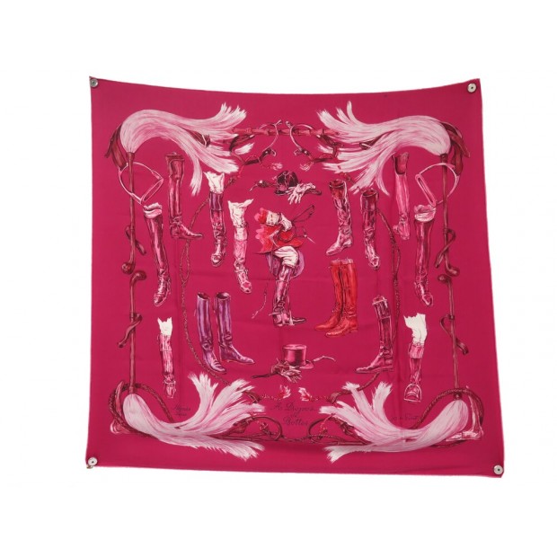 FOULARD HERMES A PROPOS DE BOTTES XAVIER DE PORET CARRE 90 SOIE ROSE SCARF 530€