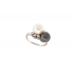 BAGUE TOI ET MOI PERLES DE CULTURE DIAMANTS 0.21 CT 52 OR BLANC 18K GOLDEN RING