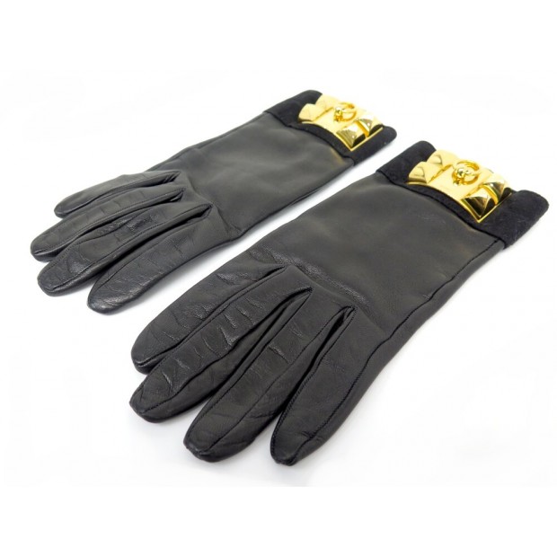 GANTS HERMES MEDOR COLLIER DE CHIEN 6.5 CUIR AGNEAU ET DOBLIS NOIR GLOVES 1200€