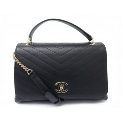 NEUF SAC A MAIN CHANEL CHEVRON CHIC HANDLE EN CUIR NOIR BANDOULIERE PURSE 6500€