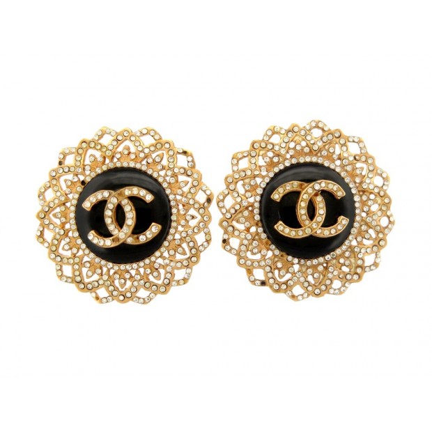 VINTAGE BOUCLES D'OREILLES CHANEL 1960 GOOSSENS A CLIPS LOGO CC STRASS EARRINGS