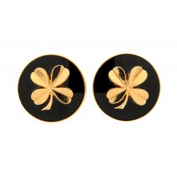 VINTAGE BOUCLES D'OREILLES CHANEL TREFLES 1960 CLIPS METAL DORE NOIRE EARRINGS