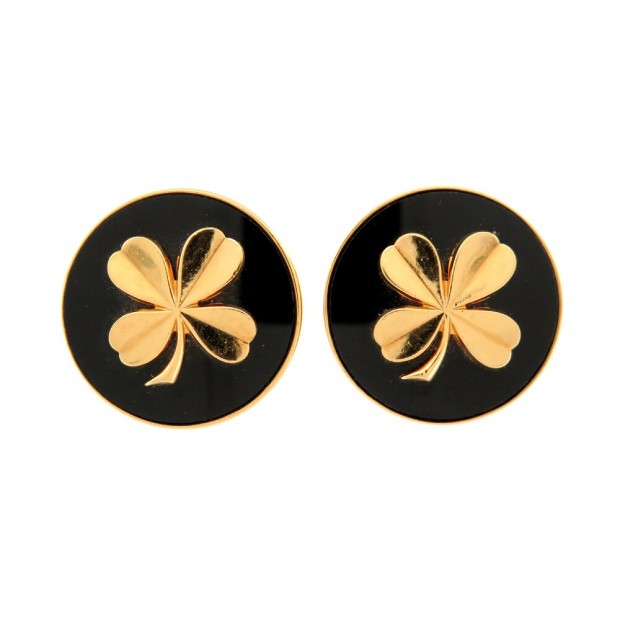 VINTAGE BOUCLES D'OREILLES CHANEL TREFLES 1960 CLIPS METAL DORE NOIRE EARRINGS