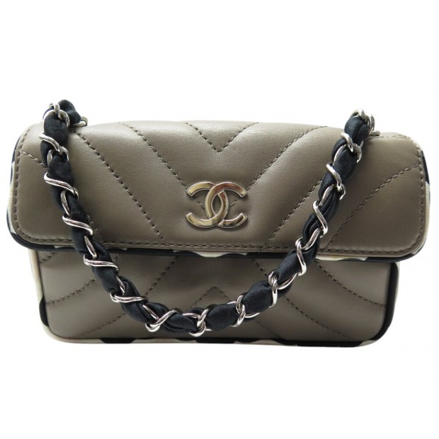 SAC A MAIN CHANEL MINI TIMELESS CHEVRON BORDURE SOIE TAUPE BANDOULIERE BAG 4500€