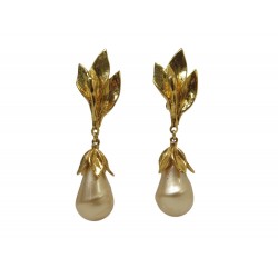 VINTAGE BOUCLES D'OREILLES YVES SAINT LAURENT PENDANTES PERLES DORE EARRINGS