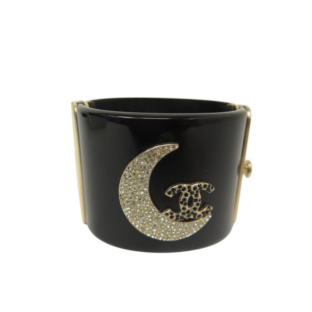 NEUF BRACELET MANCHETTE CHANEL 2008 LOGO CC LUNE STRASS RESINE NOIR BANGLE 1620€