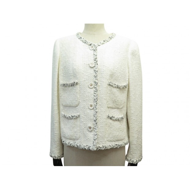 VESTE CHANEL BOUTONS LOGO CC DORE P30632V20636 XL 46 JACKET TWEED BLANC 6500€