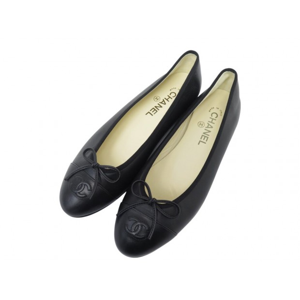 NEUF CHAUSSURES CHANEL G02819 BALLERINES LOGO CC 39.5 CUIR NOIR FLAT SHOES 1060€