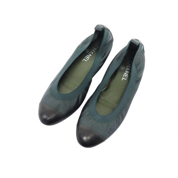 NEUF CHAUSSURES CHANEL G26642 BALLERINES 39.5 EN CUIR VERT NOIR FLAT SHOES 1060€