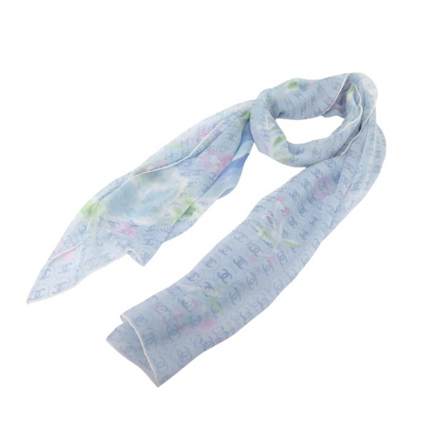 ETOLE FOULARD CHANEL 65 x 175 CM EN MOUSSELINE DE SOIE BLEU LOGO CC SCARF 620€