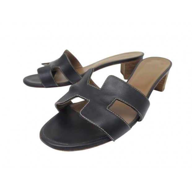 CHAUSSURES HERMES SANDALES OASIS H071002Z 39.5 MULES CUIR NOIR BOITE SHOES 660€