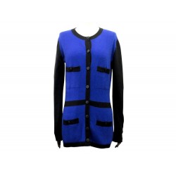 GILET CARDIGAN CHANEL PO5205VO0244 BOUTONS CC 40 M CACHEMIRE BLEU ET NOIR 4000€