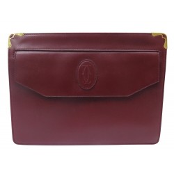 VINTAGE SAC A MAIN POCHETTE MUST DE CARTIER CUIR BORDEAUX BURGUNDY POUCH 1180€