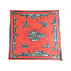 FOULARD HERMES MARE AUX CANARDS EN SOIE ORANGE CARRE 90 + BOITE SILK SCARF 370€