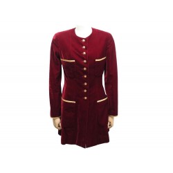 VESTE REDINGOTE CINTREE 3/4 CHANEL 40 M FEMME EN VELOURS ROUGE & DORE JACKET