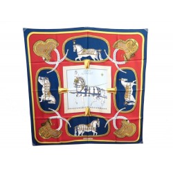 FOULARD HERMES GRAND APPARAT JACQUES EUDEL CARRE SOIE ROUGE BLEU SILK SCARF 350