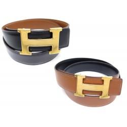 CEINTURE HERMES BOUCLE H DORE T 80 EN CUIR REVERSIBLE NOIR & MARRON BELT 600€