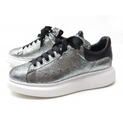 CHAUSSURES ALEXANDER MCQUEEN 470631 40 BASKETS CUIR ARGENT PAILLETTES SHOES 475€