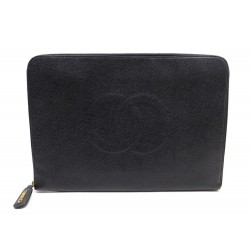 PORTE DOCUMENTS POCHETTE CHANEL CUIR NOIR GRAINE 