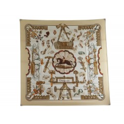 FOULARD HERMES COPEAUX CATHY LATHAM CARRE 90 CM EN SOIE BEIGE SILK SCARF 350€