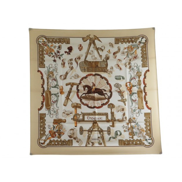 FOULARD HERMES COPEAUX CATHY LATHAM CARRE 90 CM EN SOIE BEIGE SILK SCARF 350€