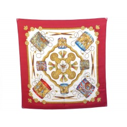 FOULARD HERMES LES TAMBOURS JOACHIM METZ CARRE EN SOIE ROUGE SILK SCARF 345€