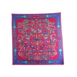 FOULARD HERMES FOLKLORE HENRI D ORIGNY CARRE 90 EN SOIE ROSE SILK SCARF 350€