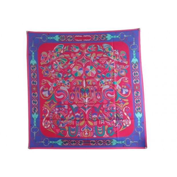 FOULARD HERMES FOLKLORE HENRI D ORIGNY CARRE 90 EN SOIE ROSE SILK SCARF 350€