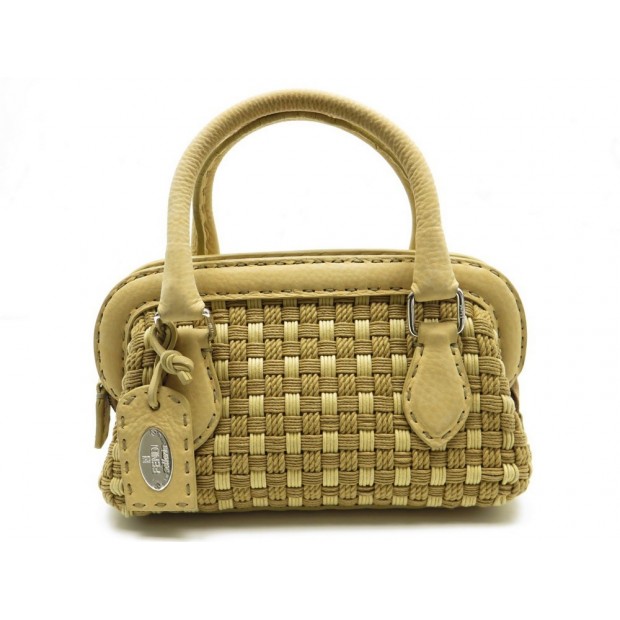 NEUF SAC A MAIN FENDI 8BN126 EN CUIR & RAPHIA CAMEL RAFFIA HAND BAG PURSE 1100€